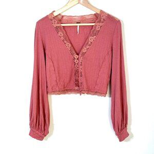 Free People Run With Me Cardi Waffle Cropped Lace Trim Puff Sleeves Dusty Rose